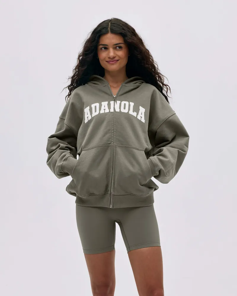 Adanola Varsity Overdimensjonert Full Zip Hettegenser - Olivengrønn/marshmallow Hvit